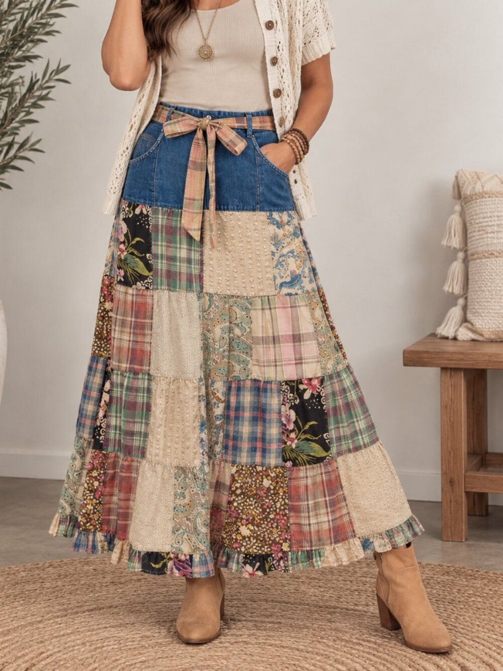 491. Women's Beige Patchwork and Denim Boho Skirt